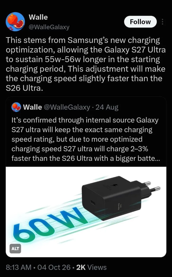 User-selected screenshot of the original WalleGalaxy Galaxy S27 Ultra charging-optimization post dated October 4, 2026