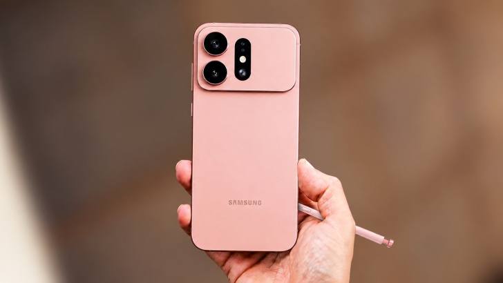 User-supplied Samsung concept illustration in pink, with text removed and phone centered