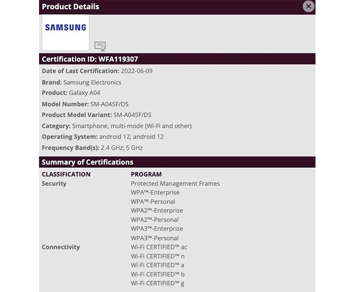 Samsung Galaxy A04 appears on Wi-Fi Alliance 