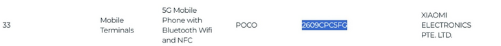 IMDA certification listing for POCO model 2609CPC5FG, with Xiaomi Electronics as applicant