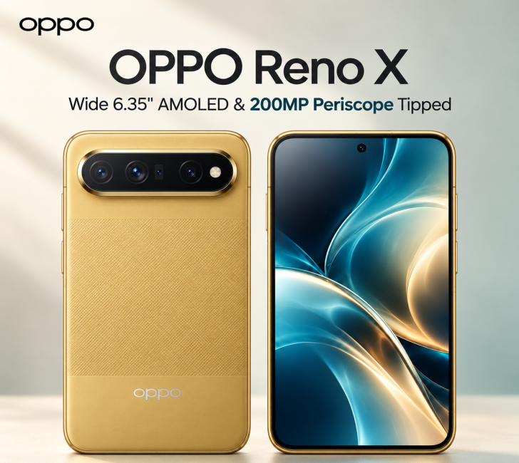 OPPO Reno X editorial concept showing gold front and back handsets beneath the reported specifications