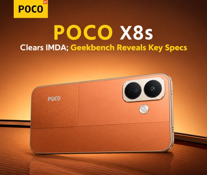 POCO X8s certification and Geekbench editorial artwork showing an illustrated orange handset