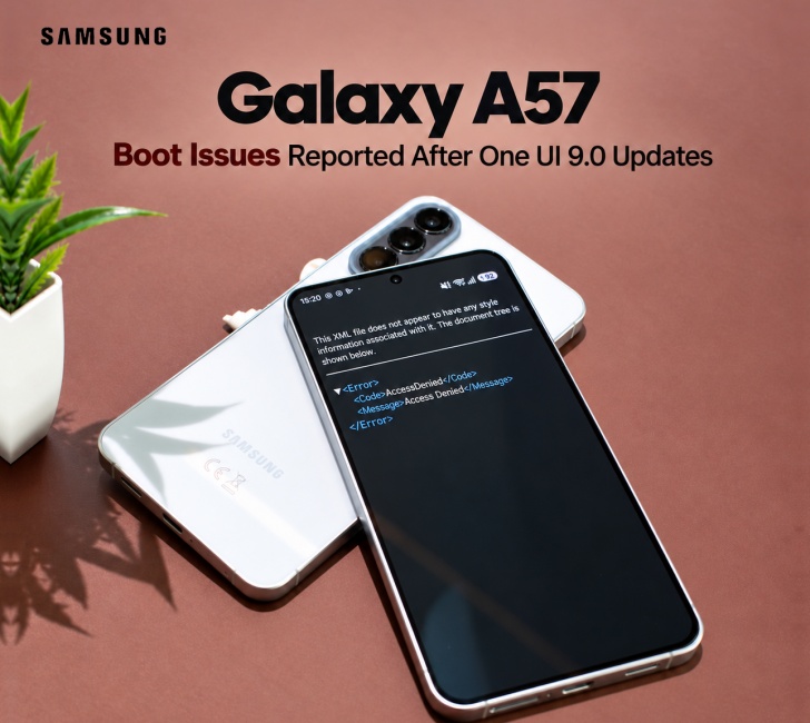 Supplied Samsung Galaxy A57 artwork about reported boot issues after One UI 9.0 updates