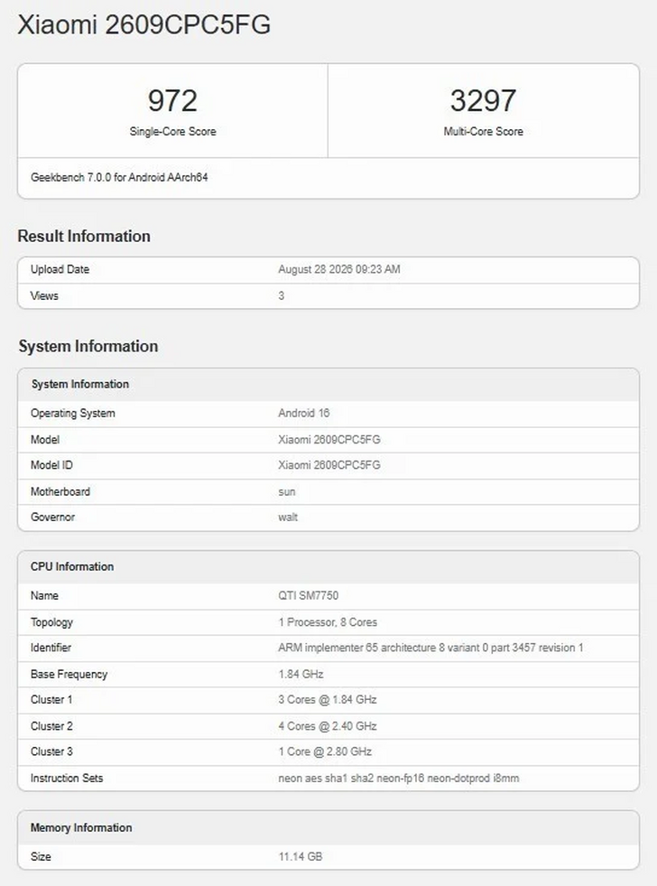 Geekbench listing for Xiaomi 2609CPC5FG showing Android 16, QTI SM7750, 972 single-core and 3297 multi-core scores