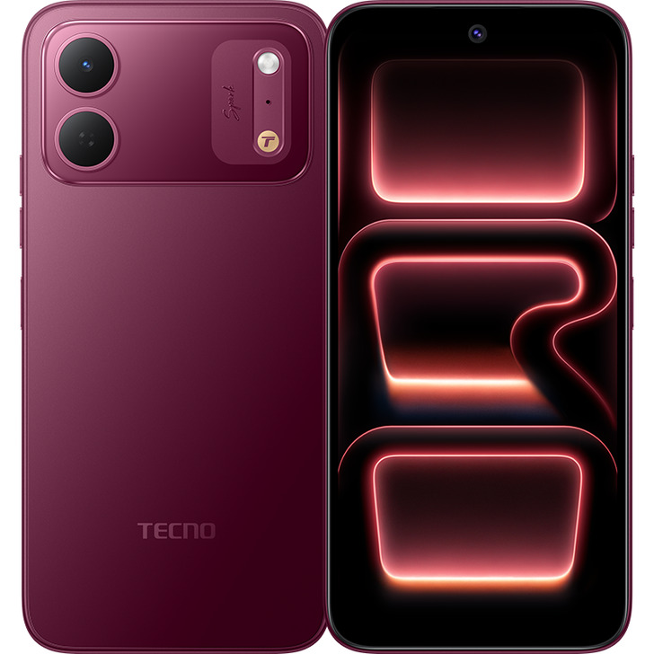 Tecno Spark 50C front and rear views in Burgundy Red