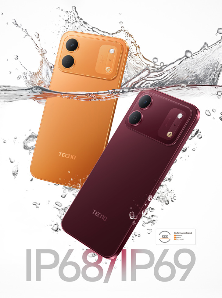 Tecno Spark 50C in Forge Orange and Burgundy Red with water-splash and IP68/IP69 durability artwork