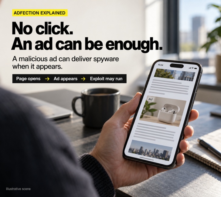 Realistic illustrative scene explaining zero-click spyware delivered through an advertisement