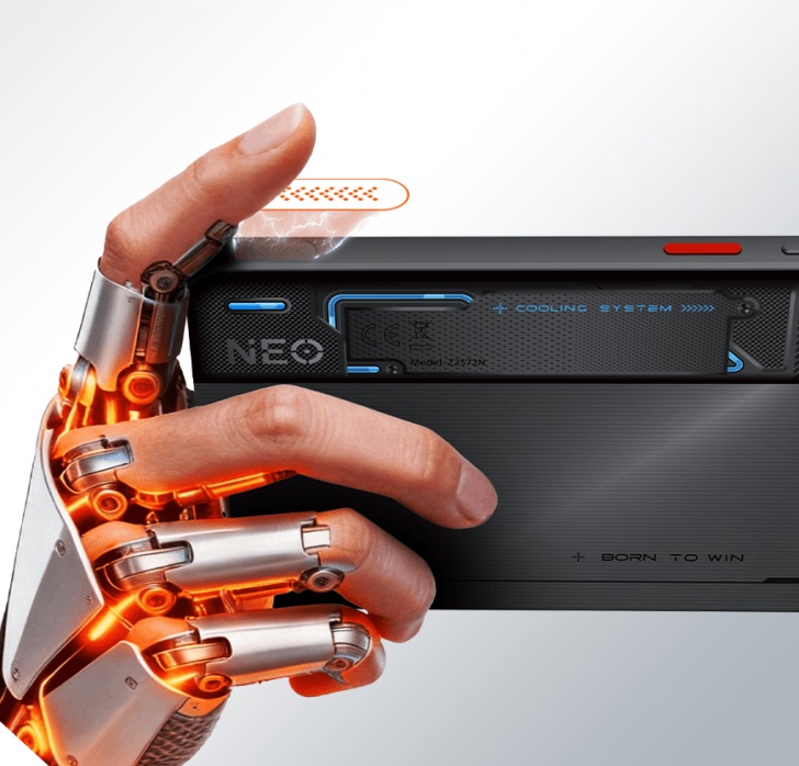 Official promotional render showing a finger on the nubia Neo 5 Max shoulder trigger