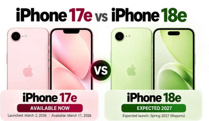 Illustrative iPhone 17e and rumored iPhone 18e concept comparison; iPhone 18e design is unconfirmed